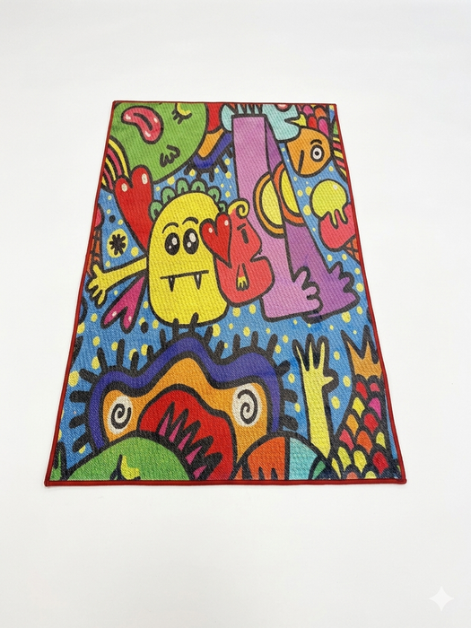 3' x 5' rectangular multicolor cartoon abstract kids playful area rug isolated on a white background.
