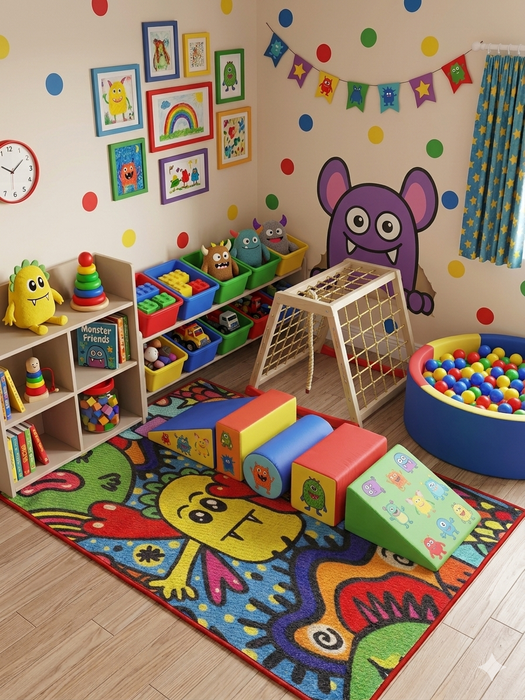 3' x 5' rectangular multicolor cartoon abstract kids playful area rug placed in a bright playroom with toy storage, soft play blocks, and a ball pit.