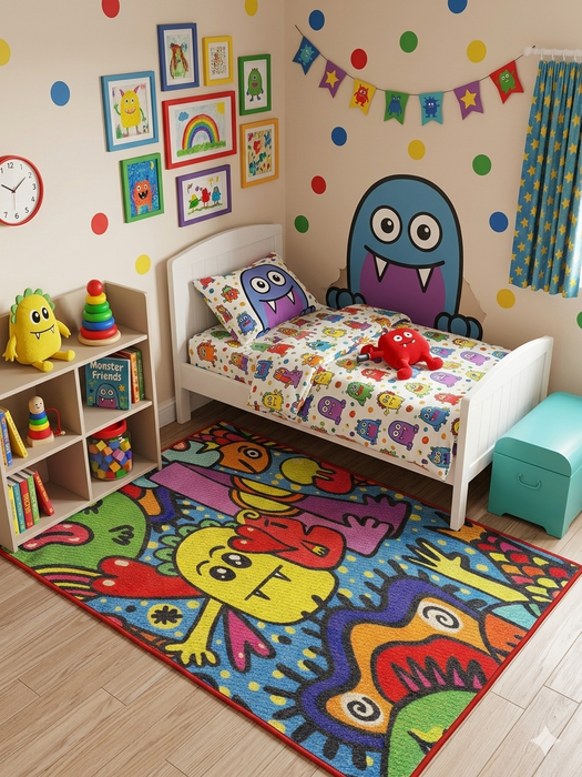 3' x 5' rectangular multicolor cartoon abstract kids playful area rug styled in a colorful kids bedroom with playful wall art and toys.