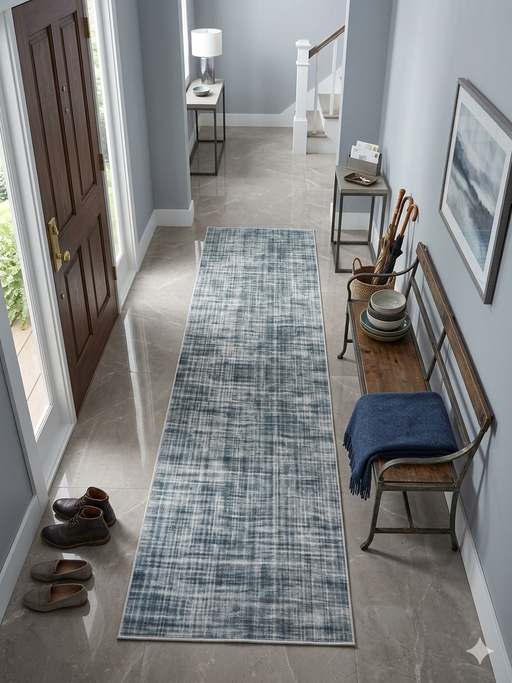 3' x 8' Runner Blue Gray Grid Modern Washable Area Rug displayed in a bright entryway with polished tile floors, light blue walls, and transitional furnishings.