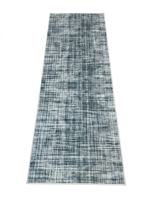 3' x 8' Runner Blue Gray Grid Modern Washable Area Rug displayed on a white background, featuring a textured grid-inspired pattern in soft blue, gray, and ivory tones.