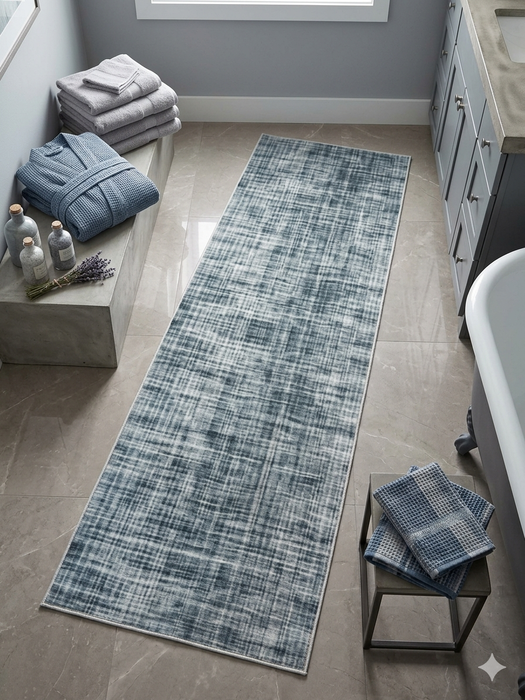 3' x 8' Runner Blue Gray Grid Modern Washable Area Rug placed in a serene bathroom with gray tile flooring, spa-inspired accents, and soft blue textiles.