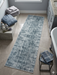 3' x 8' Runner Blue Gray Grid Modern Washable Area Rug placed in a serene bathroom with gray tile flooring, spa-inspired accents, and soft blue textiles.