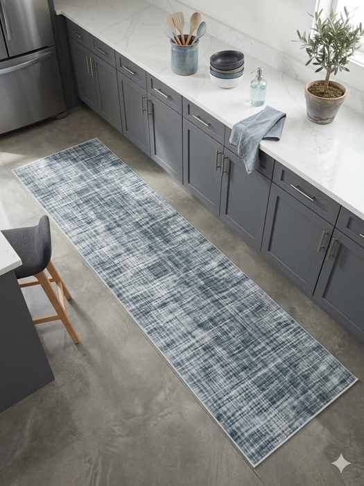 3' x 8' Runner Blue Gray Grid Modern Washable Area Rug styled in a contemporary kitchen with gray cabinetry, white countertops, and modern minimalist décor.