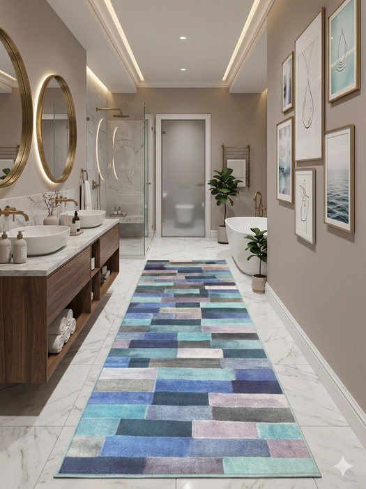 3' x 8' Runner Blue Mint Geometric Modern Washable Area Rug displayed in a spacious modern bathroom with marble floors, double vanities, and elegant gold accents.