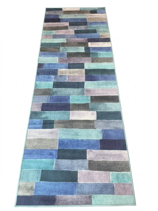 3' x 8' Runner Blue Mint Geometric Modern Washable Area Rug displayed on a white background, featuring a contemporary geometric block pattern in shades of blue, mint, gray, and soft lavender.