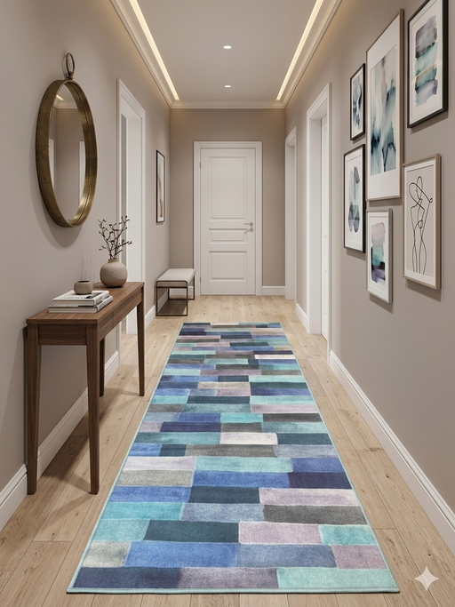 3' x 8' Runner Blue Mint Geometric Modern Washable Area Rug placed in a contemporary hallway with light wood flooring, framed abstract artwork, and a sleek console table.