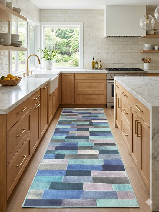 3' x 8' Runner Blue Mint Geometric Modern Washable Area Rug styled in a bright modern kitchen with natural wood cabinetry, white countertops, and gold-tone fixtures.