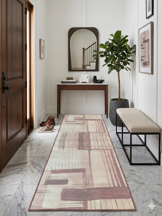 3' x 8' Runner Blush Pink Abstract Geometric Modern Washable Area Rug displayed in a bright entryway with marble flooring, a wooden console table, and contemporary décor.