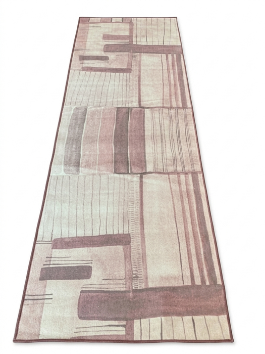 3' x 8' Runner Blush Pink Abstract Geometric Modern Washable Area Rug displayed on a white background, featuring a contemporary abstract geometric pattern in blush pink, mauve, ivory, and soft beige tones.