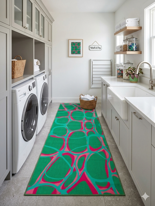 3' x 8' Runner Emerald Green & Pink Abstract Geometric Modern Washable Area Rug displayed in a clean laundry room with white cabinetry, farmhouse sink, and contemporary storage accents.