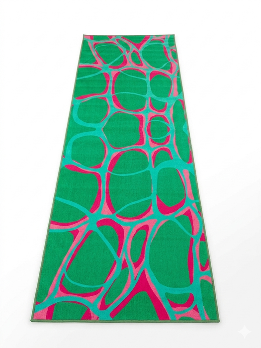 3' x 8' Runner Emerald Green & Pink Abstract Geometric Modern Washable Area Rug displayed on a white background, featuring a bold abstract geometric pattern in emerald green, hot pink, and aqua tones.