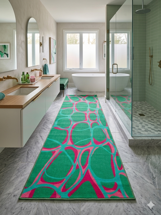 3' x 8' Runner Emerald Green & Pink Abstract Geometric Modern Washable Area Rug placed in a modern spa-inspired bathroom with marble floors, glass shower enclosure, and soft green décor.