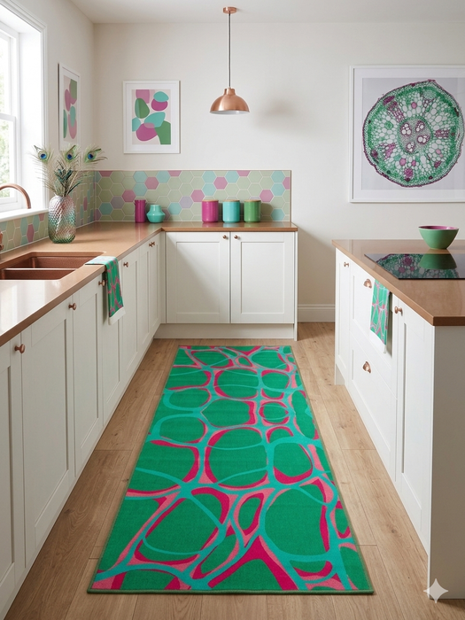3' x 8' Runner Emerald Green & Pink Abstract Geometric Modern Washable Area Rug styled in a bright contemporary kitchen with white cabinetry, pastel accents, and natural wood flooring.
