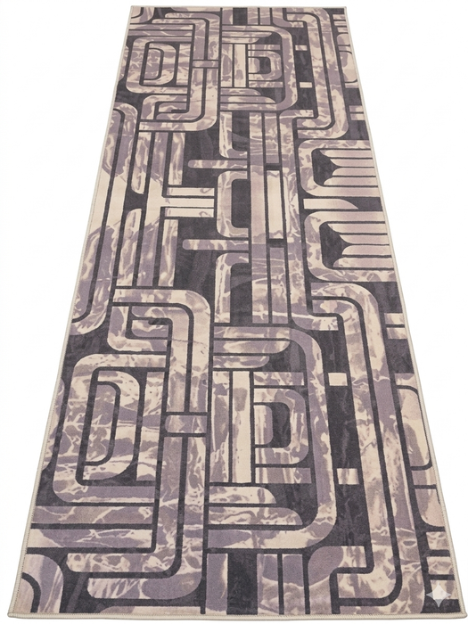 3' x 8' Runner Gray & Taupe Geometric Abstract Modern Washable Area Rug displayed on a white background, featuring an intricate geometric abstract pattern in gray, taupe, ivory, and charcoal tones.