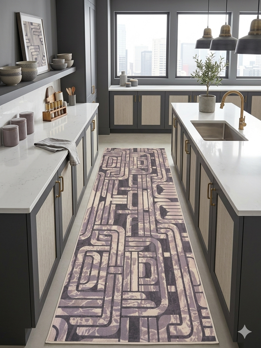 3' x 8' Runner Gray & Taupe Geometric Abstract Modern Washable Area Rug styled in a contemporary kitchen with gray cabinetry, white countertops, brass accents, and modern décor.