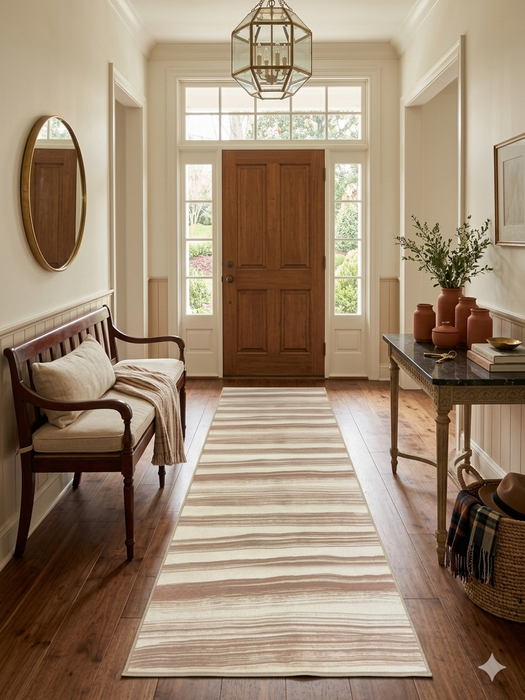 3' x 8' Runner Ivory & Blush Striped Modern Washable Area Rug displayed in an elegant entryway with wood flooring, classic furnishings, and soft neutral décor.