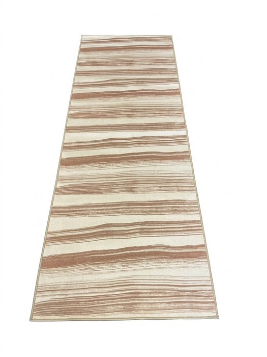 3' x 8' Runner Ivory & Blush Striped Modern Washable Area Rug displayed on a white background, featuring soft horizontal stripe patterns in ivory, blush pink, beige, and taupe tones.