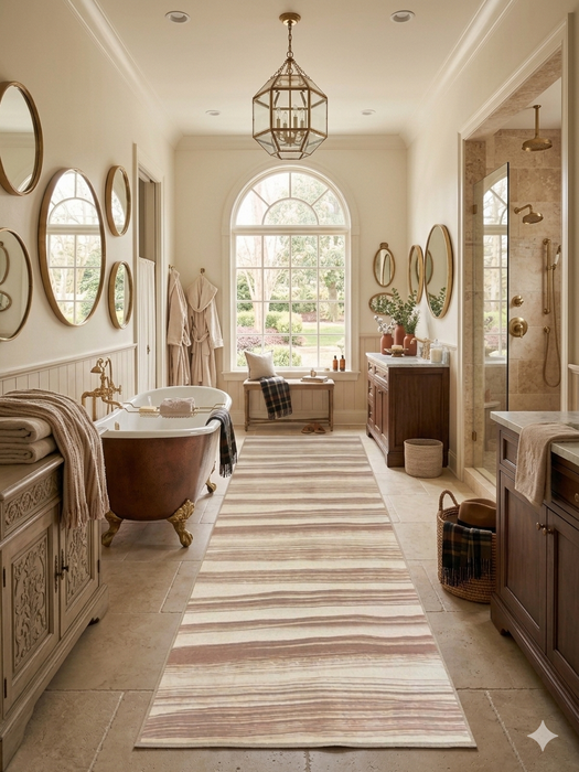 3' x 8' Runner Ivory & Blush Striped Modern Washable Area Rug placed in a luxurious bathroom with a freestanding tub, warm wood vanities, and spa-inspired transitional styling.