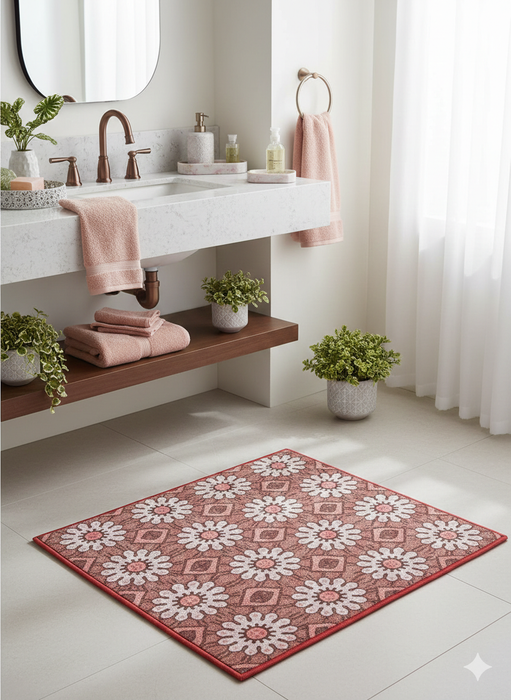 3x3 Square Dusty Rose Ivory / Cream Floral Geometric Vintage Washable Area Rug placed in washroom area.