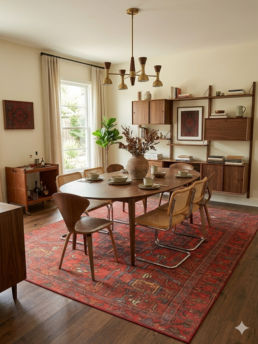 8' x 12' Rectangular Red & Black Tribal Geometric Traditional Area Rug styled in a dining room with a wooden dining table and chairs.