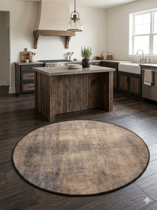 4' Round Beige & Brown Distressed Modern Abstract Area Rug placed in a rustic kitchen with wooden island and dark wood flooring.