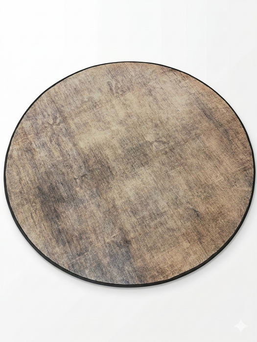 4' Round Beige & Brown Distressed Modern Abstract Area Rug shown in a top-down product design view.