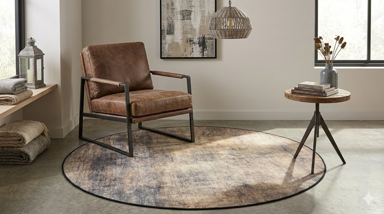 4' Round Beige & Brown Distressed Modern Abstract Area Rug styled in a cozy living room seating area with leather chair and side table.