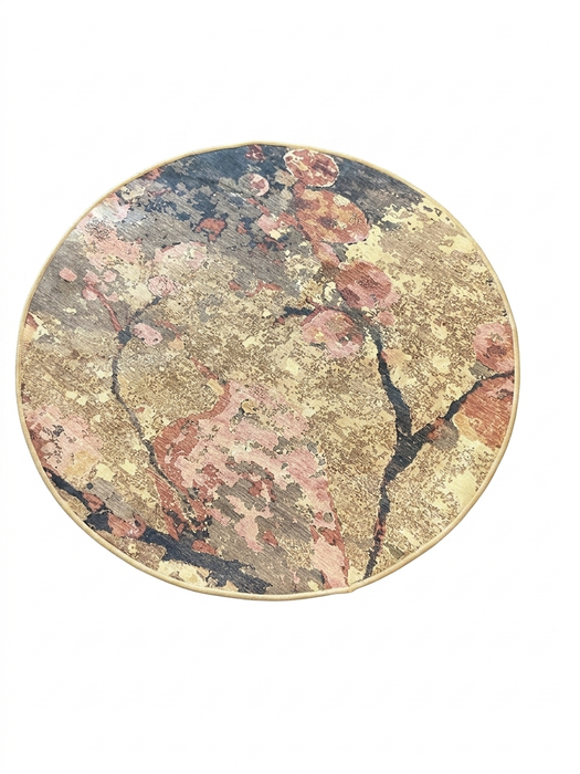 4' Round Beige Pink Abstract Floral Modern Washable Area Rug displayed on a plain background.