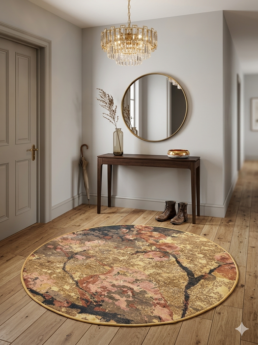 4' Round Beige Pink Abstract Floral Modern Washable Area Rug placed in an elegant entryway beneath a console table and round mirror.