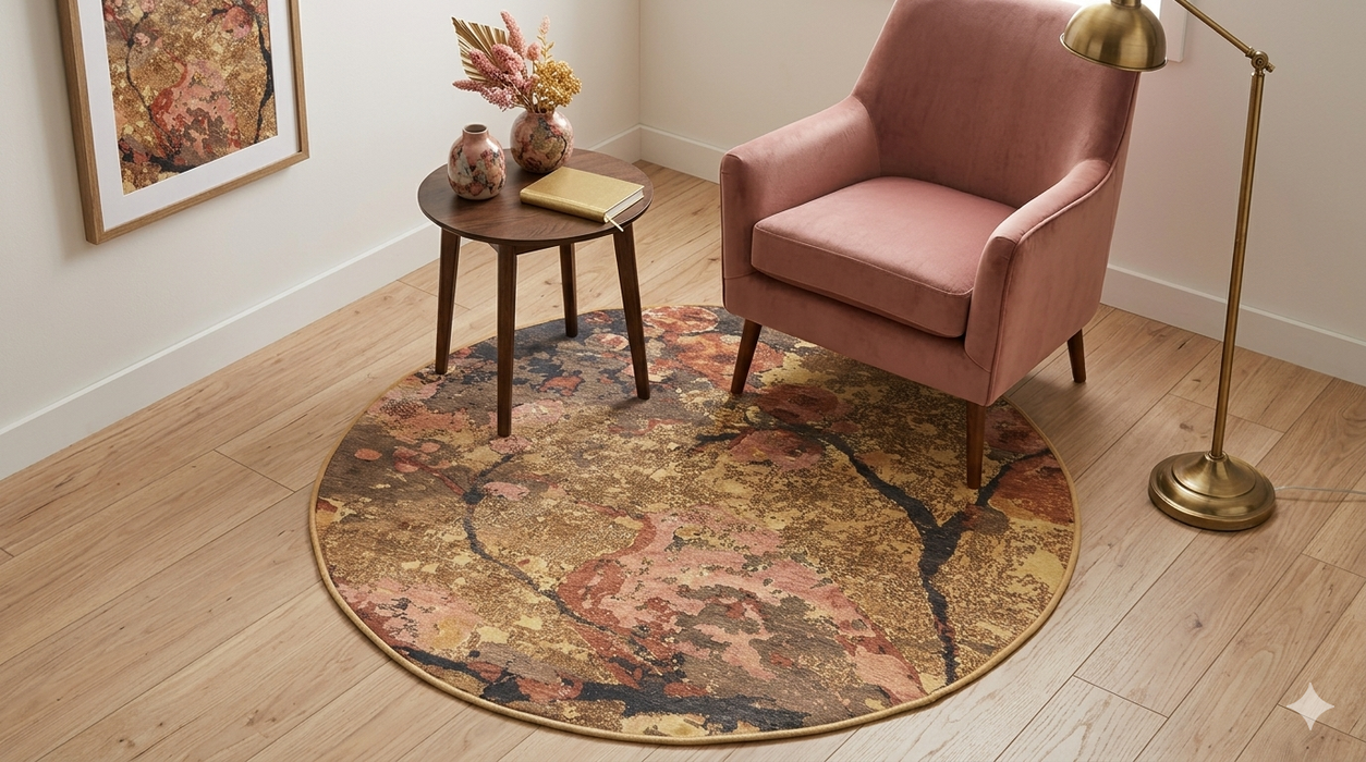 4' Round Beige Pink Abstract Floral Modern Washable Area Rug styled in a cozy reading nook with a blush pink accent chair.