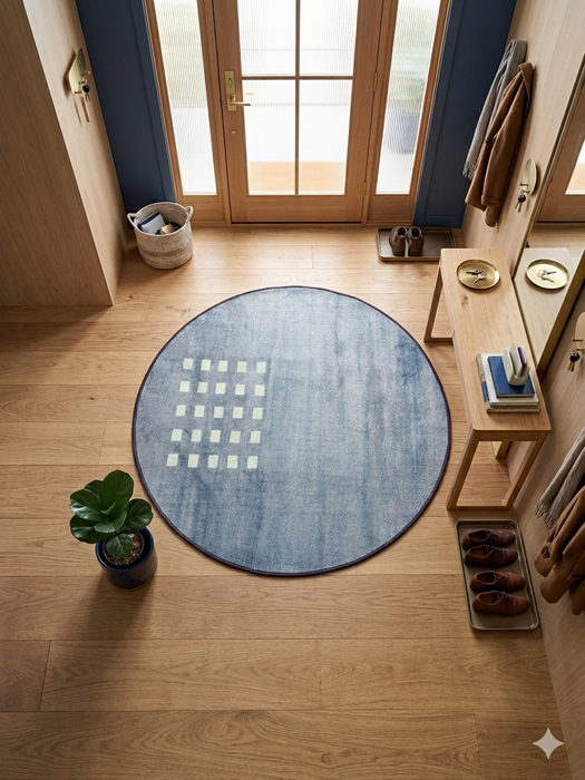 4' Round Blue & Ivory Geometric Minimalist Modern Area Rug styled in an entryway with wood flooring, a bench, and natural light.