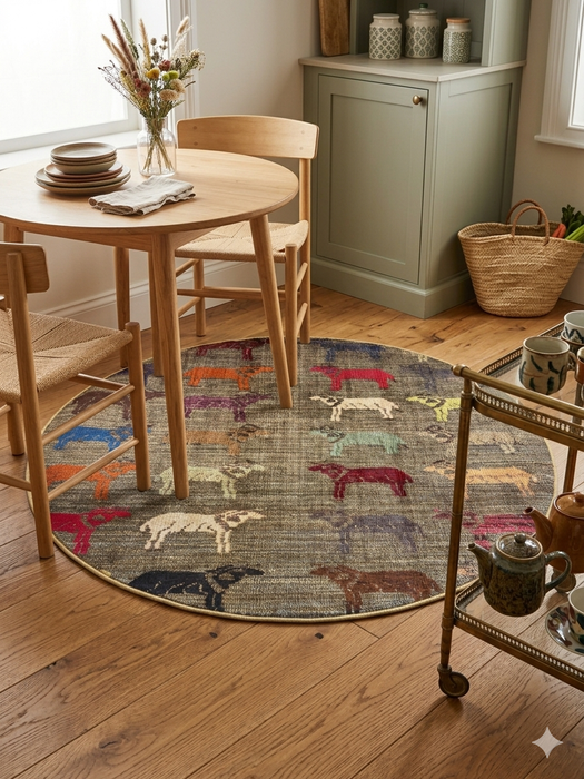 4' Round Gray Multi Color Animal Farm Rustic Novelty Area Rug styled in a dining nook with a round table and casual seating.