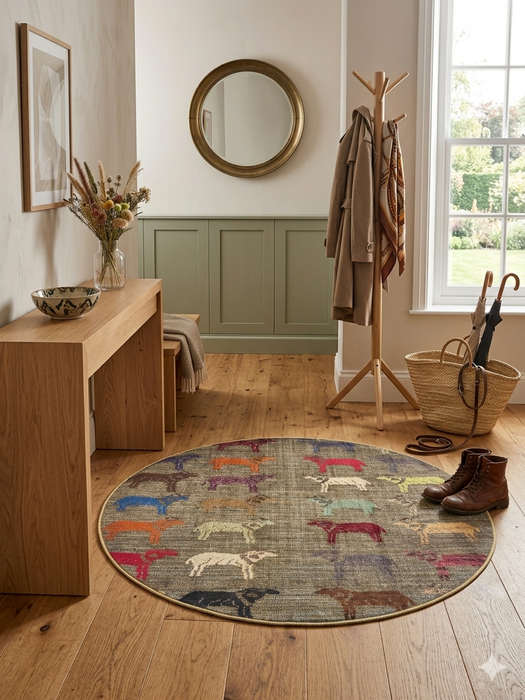 4' Round Gray Multi Color Animal Farm Rustic Novelty Area Rug styled in an entryway with coat rack and woven basket accents.