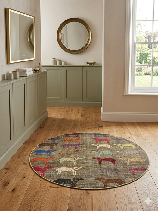 4' Round Gray Multi Color Animal Farm Rustic Novelty Area Rug isolated on a white background.