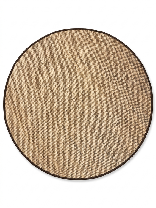 4 ft Round Natural Beige & Brown Woven Solid Modern Farmhouse Washable Area Rug isolated on a white background.