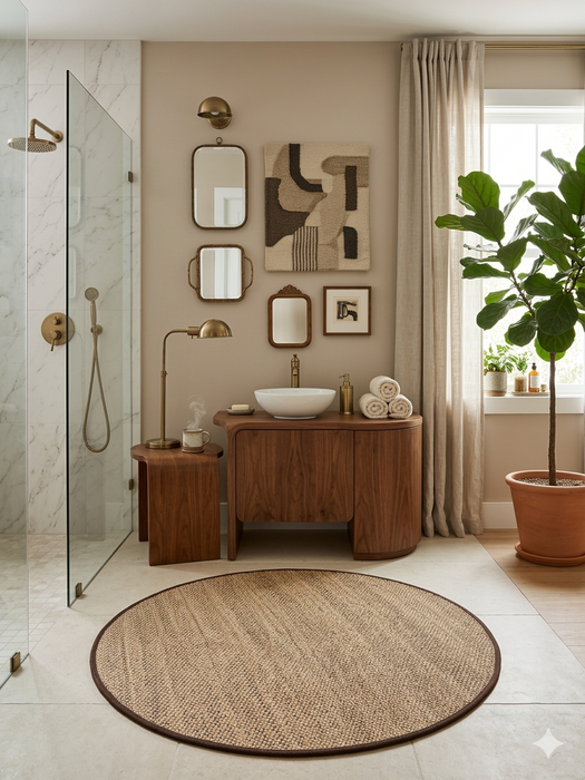 4 ft Round Natural Beige & Brown Woven Solid Modern Farmhouse Washable Area Rug styled in a modern bathroom.
