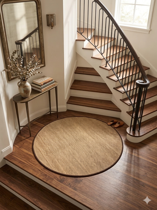 4 ft Round Natural Beige & Brown Woven Solid Modern Farmhouse Washable Area Rug styled in a staircase landing area.