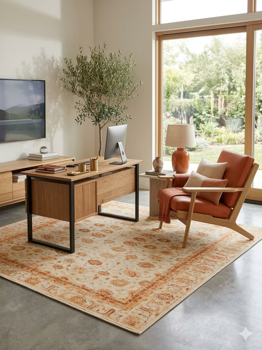 4' x 4' Square Ivory & Gold Floral Traditional Oriental Washable Area Rug styled in a bright modern living room.