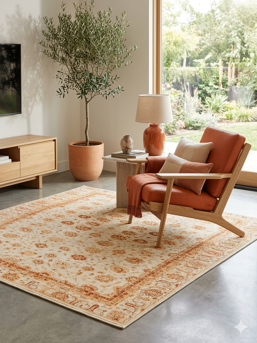 4' x 4' Square Ivory & Gold Floral Traditional Oriental Washable Area Rug styled in a contemporary living space with accent chair.