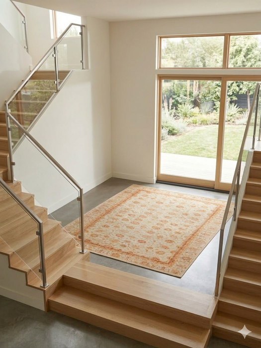 4' x 4' Square Ivory & Gold Floral Traditional Oriental Washable Area Rug styled in a modern entryway with staircase.