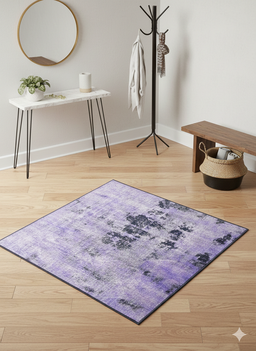 4' x 4' Square Purple Charcoal Abstract Distressed Modern Area Rug styled in entryway.