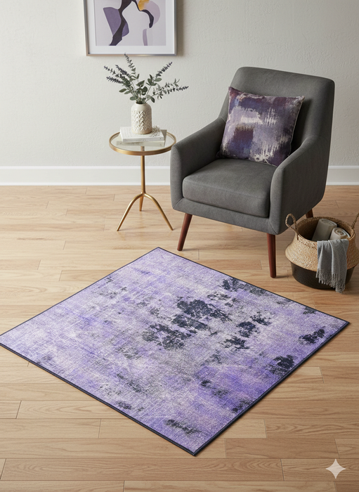 4' x 4' Square Purple Charcoal Abstract Distressed Modern Area Rug placed in minimal entryway.