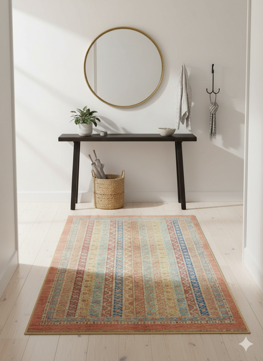 4' x 6' Rectangle Coral & Blue Striped Tribal Traditional Area Rug placed in a modern entryway setting.