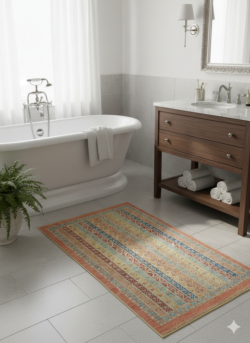 4' x 6' Rectangle Coral & Blue Striped Tribal Traditional Area Rug styled in bathroom or vanity space.