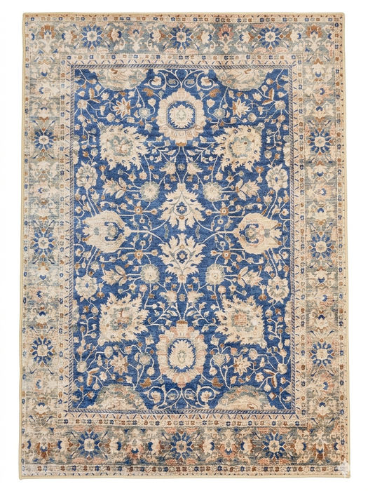 4' x 6' Rectangular Blue Ivory Floral Traditional Area Rug isolated on a white background.