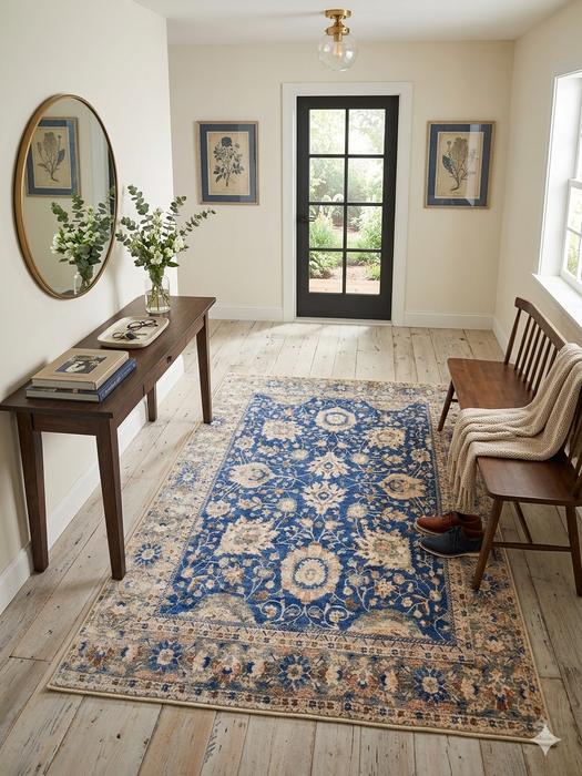 4' x 6' Rectangular Blue & Ivory Floral Traditional Area Rug placed in a bright entryway with warm wood accents.