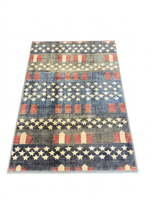 4' x 6' Rectangular Blue Red Stars Striped Patriotic Area Rug isolated on a white background.