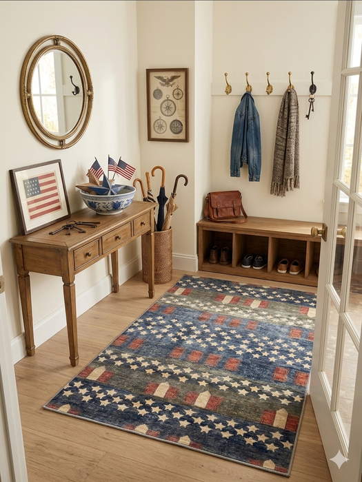4' x 6' Rectangular Blue & Red Stars Striped Patriotic Area Rug placed in a welcoming entryway.