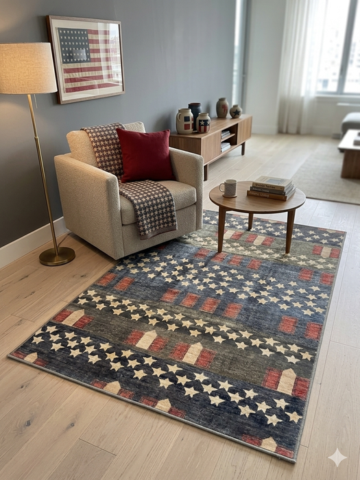 4' x 6' Rectangular Blue & Red Stars Striped Patriotic Area Rug styled in a cozy living room.